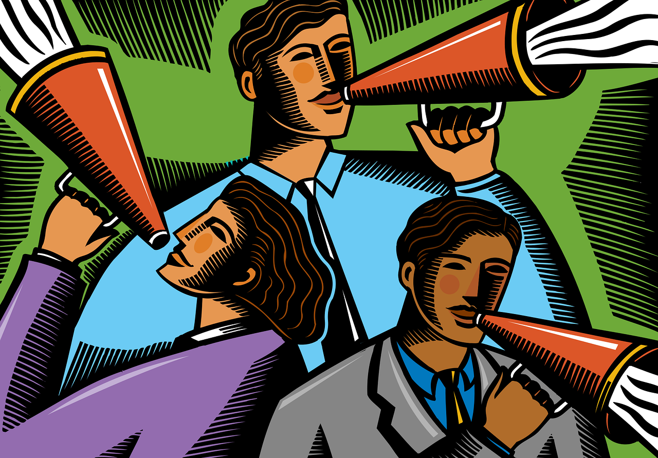 An illustration of a group of people holding megaphones, making announcements..